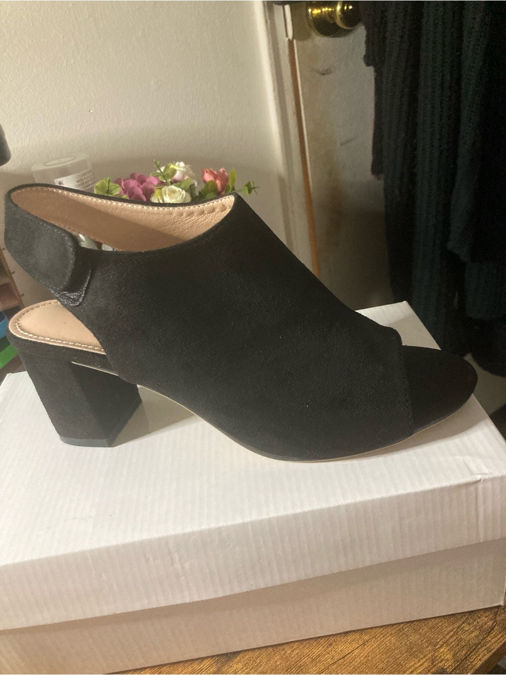 Black Suede Open-Toe Block Heel Slingback